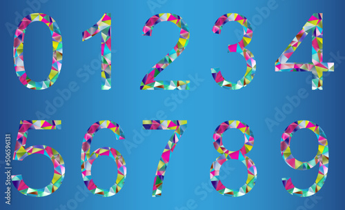 Set of colorful numbers from 0 to 9 on a blue background