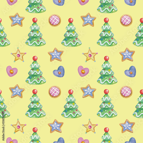Watercolor Christmas pattern with Christmas tree and sweets