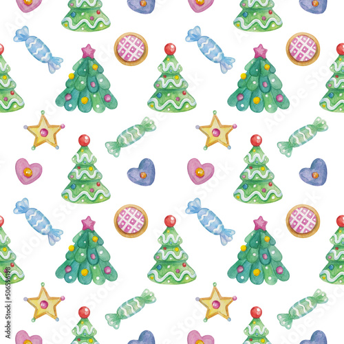 Watercolor seamless pattern with Christmas trees and sweets