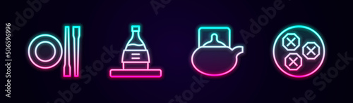 Set line Food chopsticks with plate, Bottle of sake, Traditional tea ceremony and Wonton. Glowing neon icon. Vector