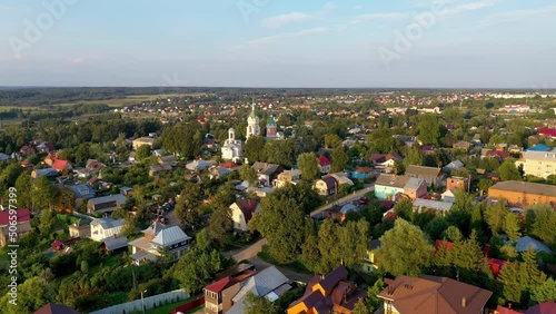 Aerial footage of Mozhaysk and Ioakim and Anna church on sunny summer evening. Moscow Oblast, Russia. photo