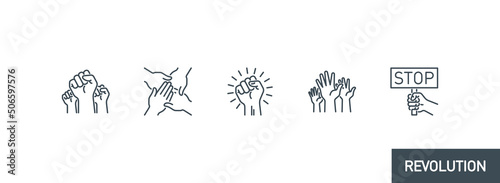 Stampa su tela raised up fist in protest no war single line icons set isolated on white