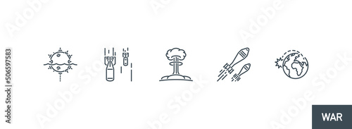 bombing with atomic aerial bombs line icon collection isolated on white. outline missile bombs avia attack symbols set. Nuclear bombing war banner. rocket bomb explosion element with editable stroke