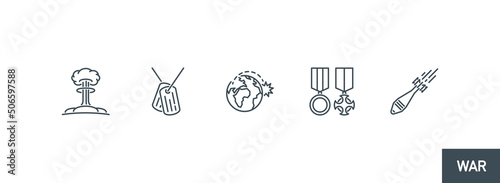 bombing with atomic aerial bombs line icon collection isolated on white. outline missile bombs avia attack symbols set. Nuclear bombing war banner. rocket bomb explosion element with editable stroke
