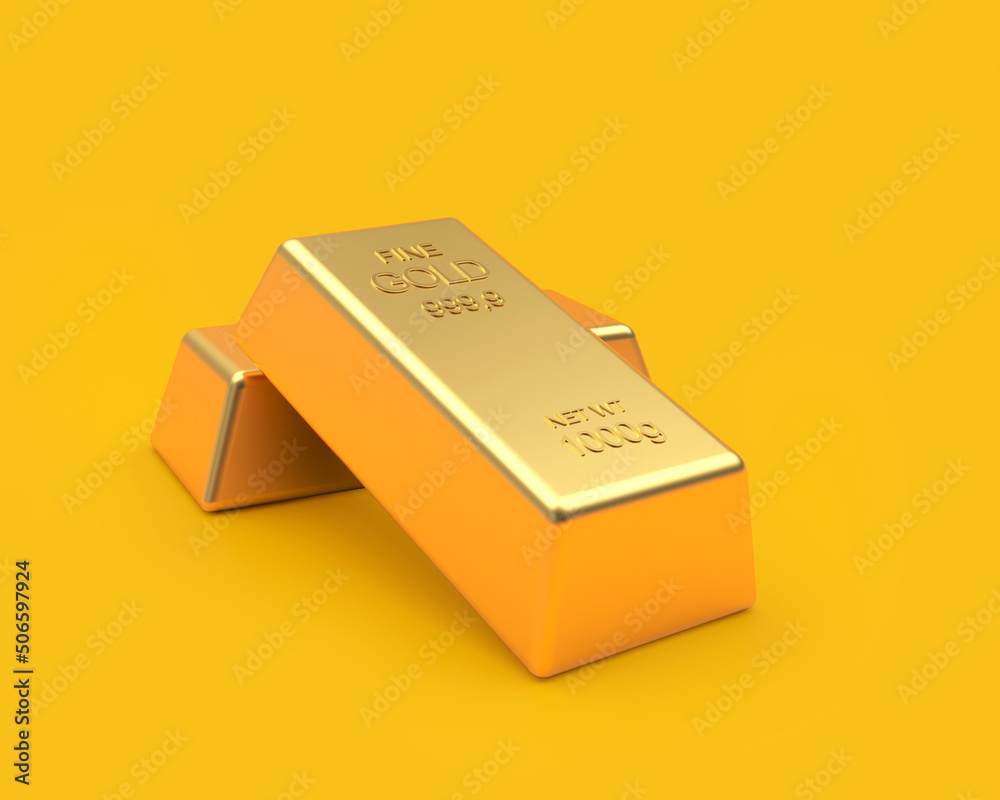 Two gold bars on a yellow background. 3D illustration Two gold bars on a yellow background. 3D illustration