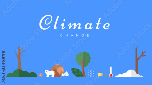 Climate change vector banner template. North Pole, melting glaciers, polar bear on ice floe. Global warming, sea level rise, nature damage. World Environment day. Ecology hazards, air pollution