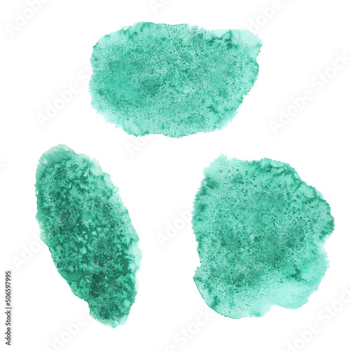 Set Abstract cold green aquamarine color watercolor stain isolated. Watercolor hand drawn texture for backgrounds,banner