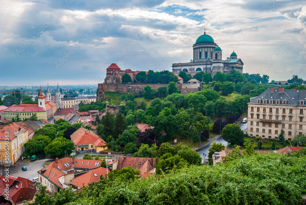 Esztergom Basilica on Danube River. Scenic view of royal castle, famous basilica and city center of Esztergom, Hungary