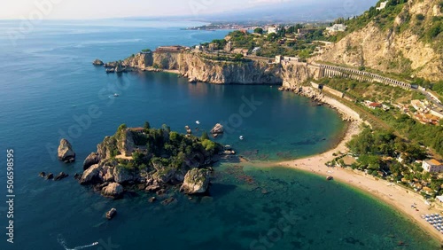 Taormina Sicily Isola Bella beach from the sky aerial view voer the Island and the beach by Taormina Sicily Italy. Europe photo