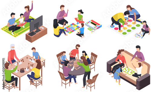 Happy children playing board game with parents, have fun at home. Family entertainment scenes set. People sit together at table or on floor in living room play games. Parents and kids in everyday life