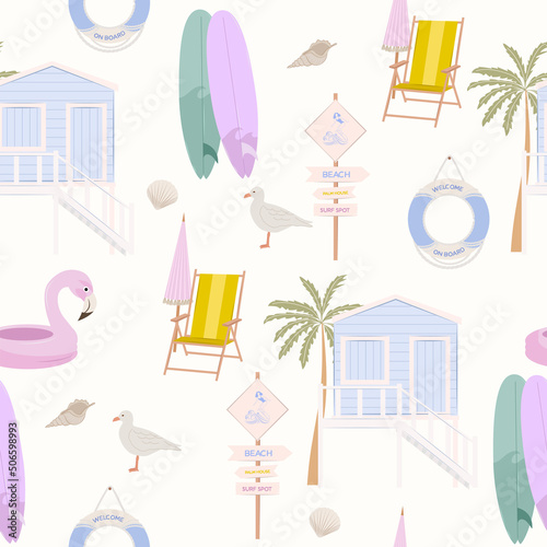 Summer beach seamless pattern with beach house, surfboard, sun bed, palm. Editable vector illustration.