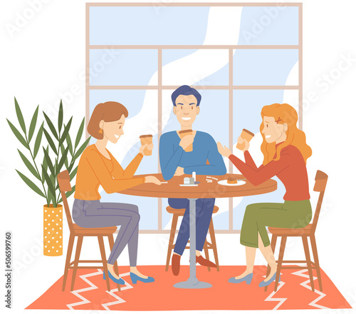 Group of friends sitting in cafe drink tea or coffee. People spend time in cafeteria together. Cartoon characters relax and communicate near food and drink icons. Friendship and joint pastime concept.