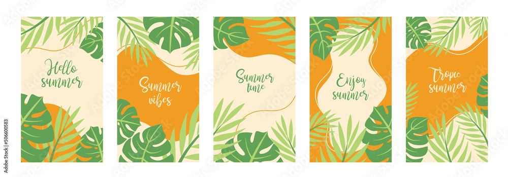 Vector set of social media stories design templates. Summer tropical leaves background for banner, greeting card, poster and advertising - summer vacation concept