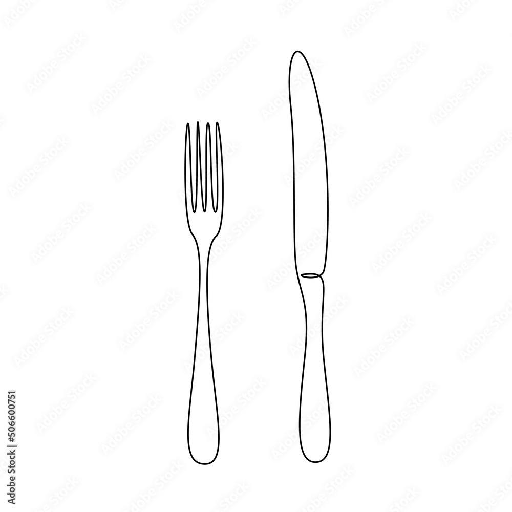 One continuous line drawing of food tools. Fork and Knife for decoration restoran menu in simple linear style. Hand drawn sign or logo cafe. Doodle vector illustration One continuous line drawing of food tools. Fork and Knife for decoration restoran menu in simple linear style. Hand drawn sign or logo cafe. Doodle vector illustration