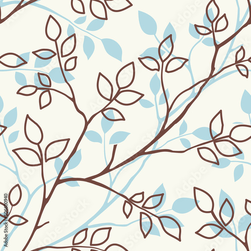 Abstract seamless pattern with decorative leaf silhouette. Brown and blue twigs on yellow background. Vector stock illustration 