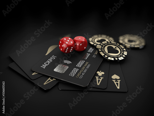 3d Rendering of casino gold chips and black play cards with bank card. clipping path included photo