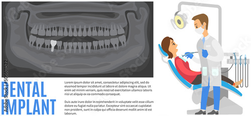 Woman sitting in dentist chair. Medical office equipment for treatment of human teeth. Oral hygiene, health care, caries prevention. Clipping from article about dental implants, x-ray of healthy teeth