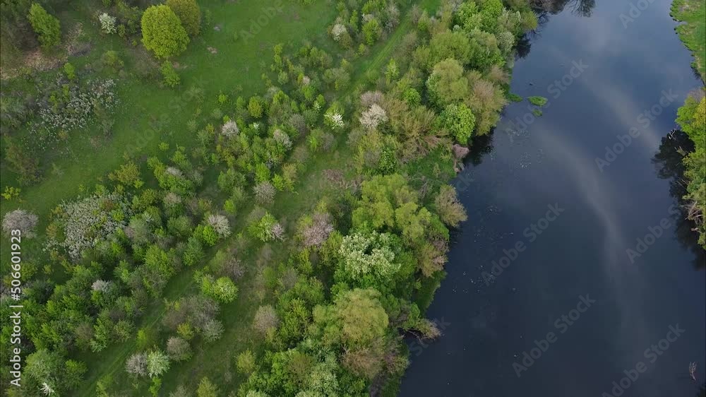 View of the river from above. Flight over water and forest trees from a height. Epic panoramic shot. Spring flood. Travel by kayak. Green background View of the river from above. Flight over water and forest trees from a height. Epic panoramic shot. Spring flood. Travel by kayak. Green background