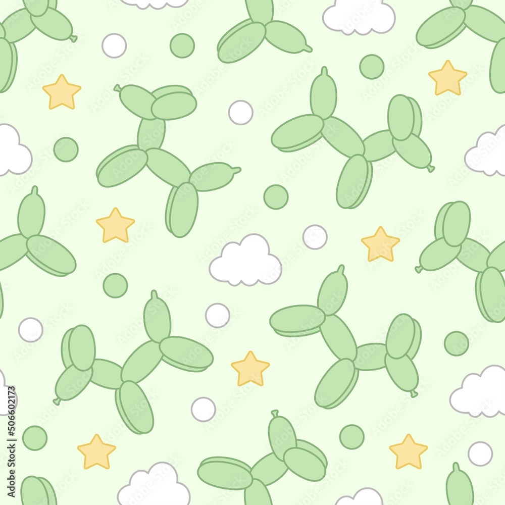 Seamless pattern of green dog balloons, clouds, stars and dots on a light green background in kawaii style. Seamless pattern of green dog balloons, clouds, stars and dots on a light green background in kawaii style.