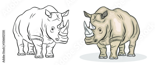 In the animal world. Coloring for children, a large and terrible rhino. Vector image.
 Color and black white pattern, background, design.
