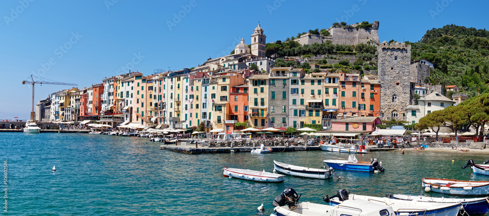 Portovenere, Liguria, Italy - June 26, 2021: summer view of the Portovenere village and its harbour