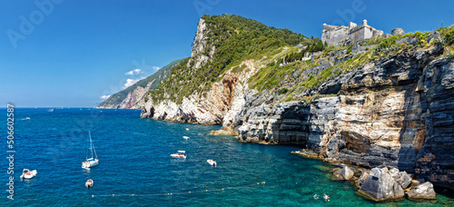 Fotografie, Obraz The Lord Byron sea cavern and the Doria Castle in Portovenere, Liguria, Italy