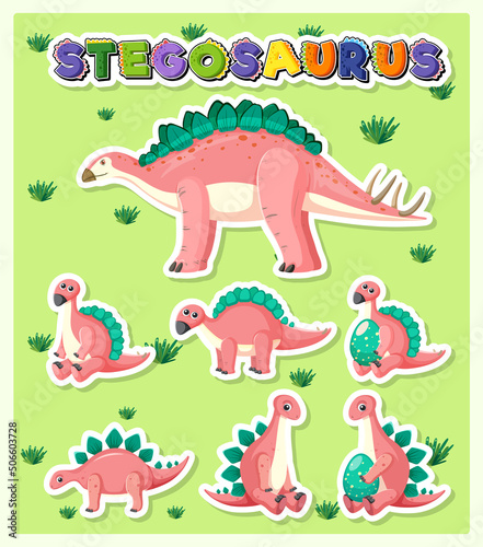 Set of cute stegosaurus dinosaur cartoon characters