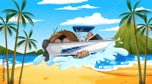Ocean scene with group of beavers on speedboat