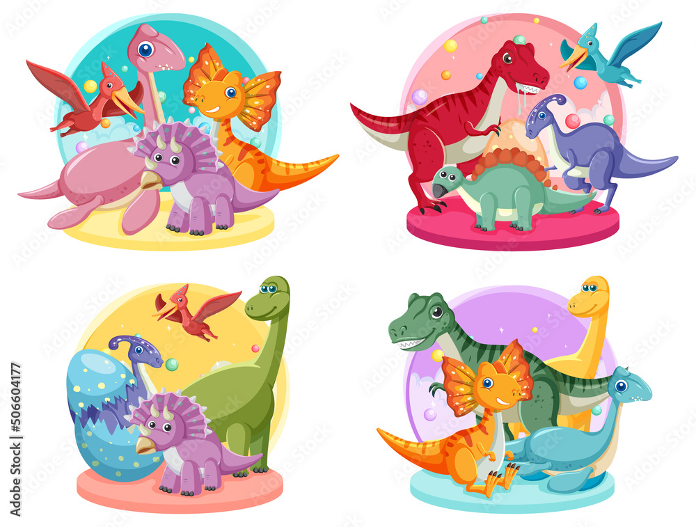 Set of cute dinosaur cartoon characters Set of cute dinosaur cartoon characters