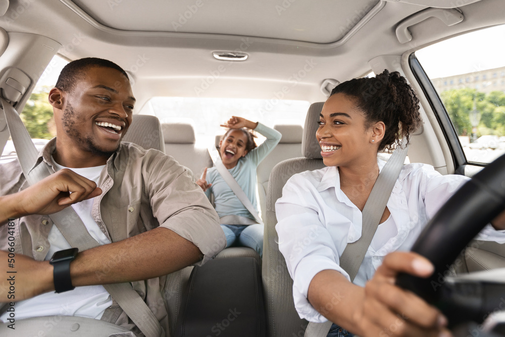 Happy African American Family Riding New Automobile Singing Having Fun Happy African American Family Riding New Automobile Singing Having Fun