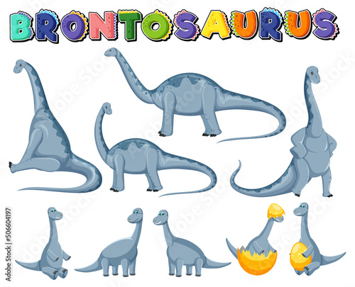 Different cute apatosaurus dinosaur cartoon characters