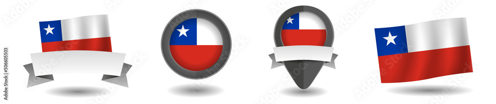Chile flag vector collection. Pointers, flags and banners flat icon. Vector state signs illustration isolated on white background. Chile flag symbol on design element.