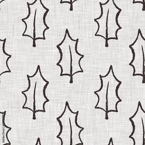 French grey botanical leaf linen seamless pattern with 2 tone country cottage style motif. Simple vintage rustic fabric textile effect. Primitive modern shabby chic kitchen cloth design.