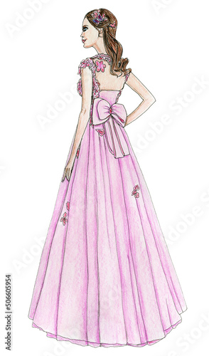 Fashion Model in a Pink Floral Fairytale Style Dress