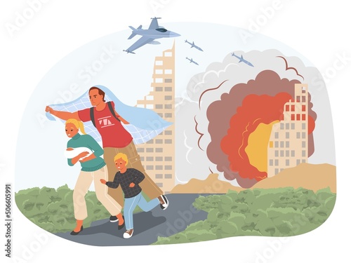 Family fleeing bombing city vector war poster