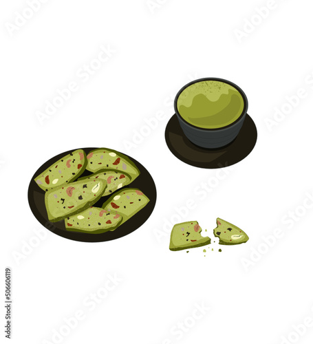 Isolated set of hot green tea and plate of whole grain, nut and seed biscuits matcha flavour on white background.Organic product, Homemade cookies  Grains brittle vector illustration. 