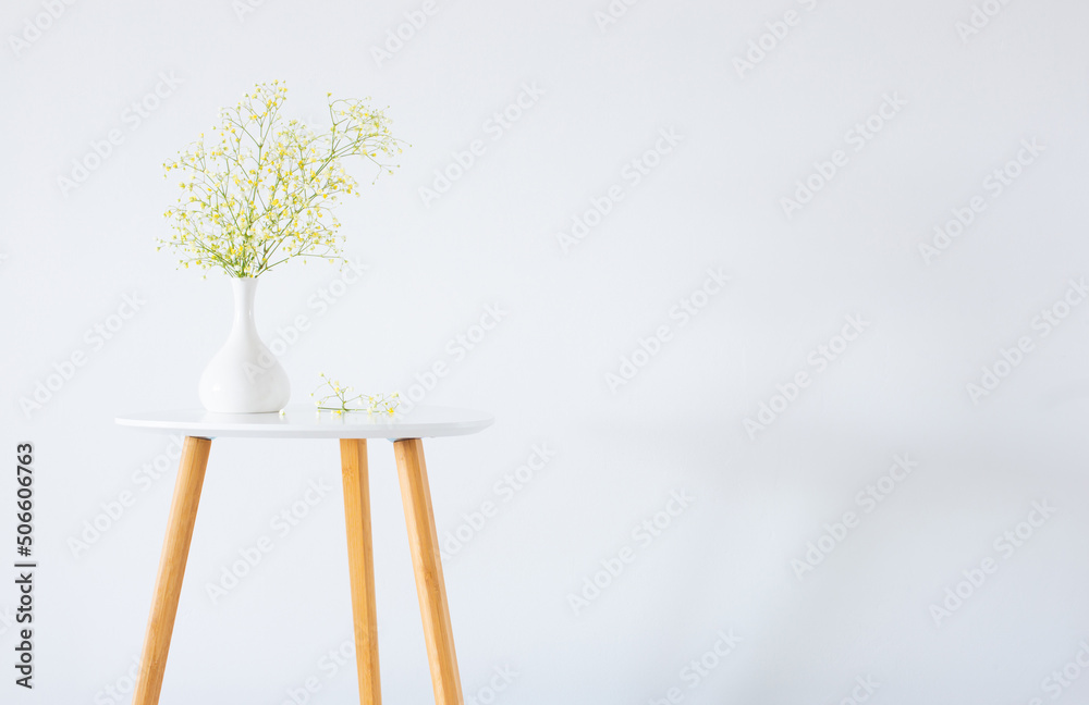 yellow gypsophila in white vase on white background - obrazy, fototapety, plakaty 