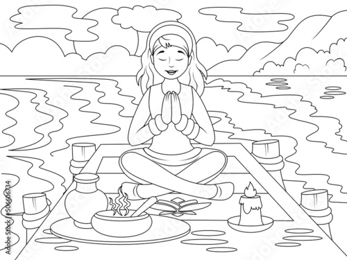 Girl is doing yoga on the pier. Psychological state in nature. Page outline of cartoon. Vector illustration, coloring book for kids.