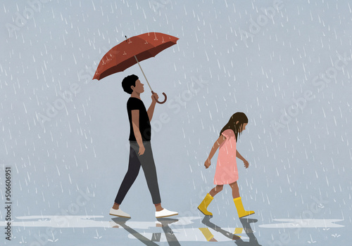 Man with umbrella following girl walking in rain downpour
 photo