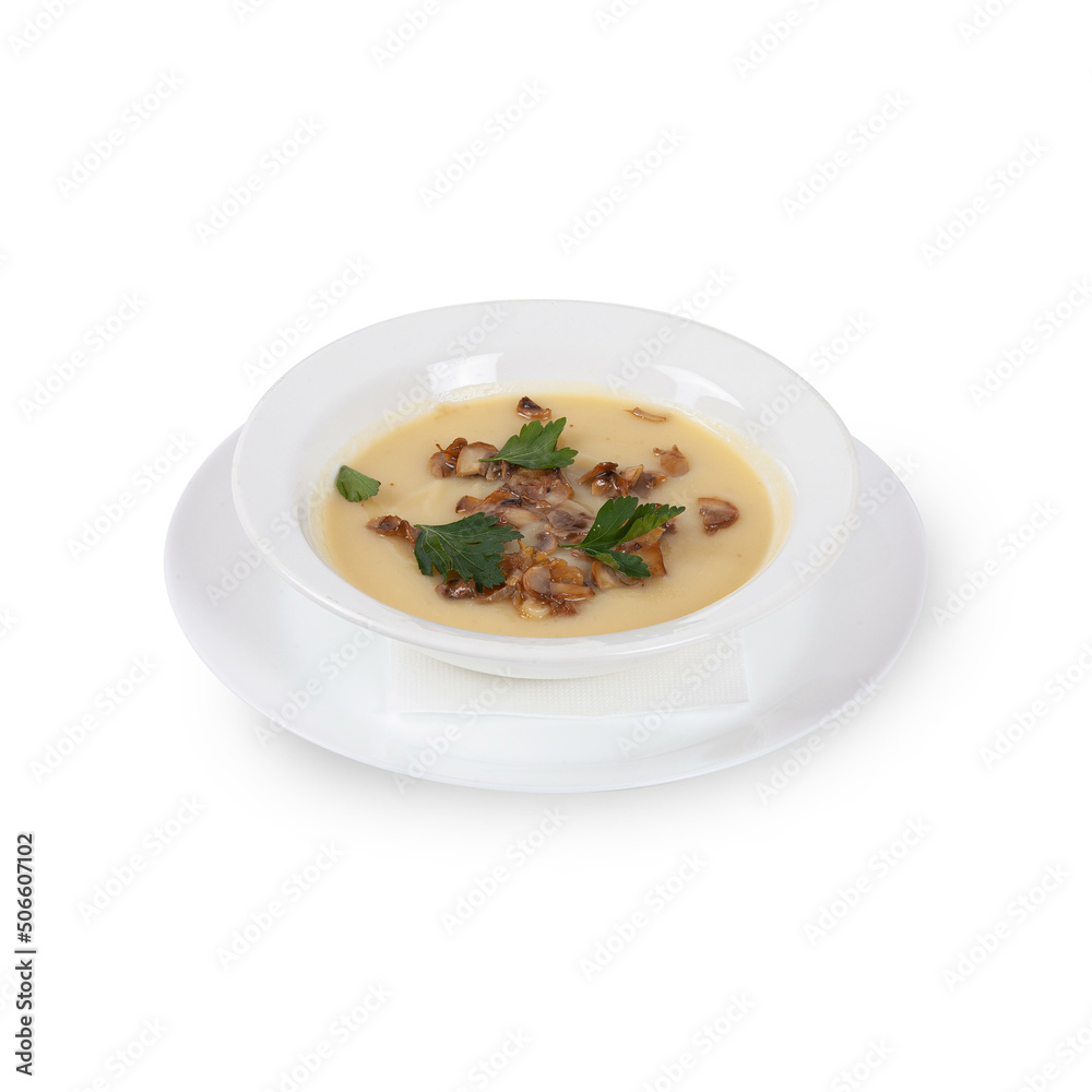 Fresh soup in white bowl on plate isolated in white background Fresh soup in white bowl on plate isolated in white background
