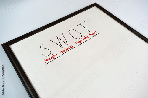 SWOT analysis with black red colour marker on a whiteboard, start a business idea, strategy and plan concept, presentation to set up a company, sitting view