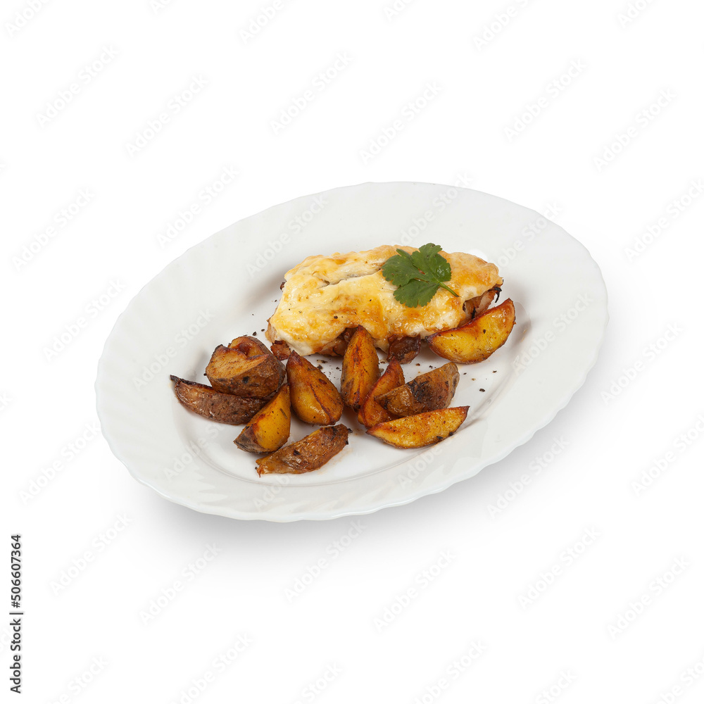 Potatoes with meat on a white plate isolated Potatoes with meat on a white plate isolated
