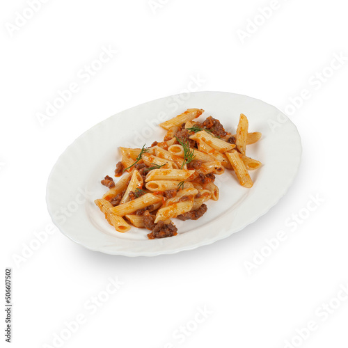 Pasta with minced meat on a white plate isolated