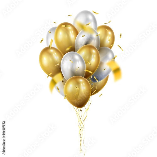 Bunch of realistic transparent, golden ballons and gold ribbons, serpentine, confetti. Bouquet. Vector illustration for card, party, design, flyer, poster, decor, banner, web, advertising.