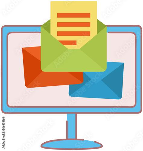 Incomming email with envelope on screen. Online service for chatting and mailing. Program for communication via Internet. Virtual mailbox with digital letter on display. Computer application with mail