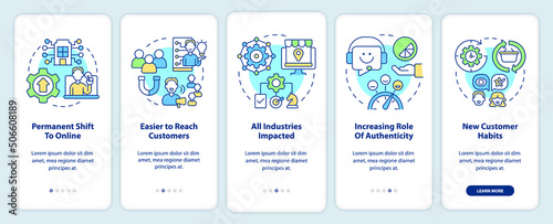 Why digital first mindset is essential onboarding mobile app screen. Walkthrough 5 steps graphic instructions pages with linear concepts. UI, UX, GUI template. Myriad Pro-Bold, Regular fonts used