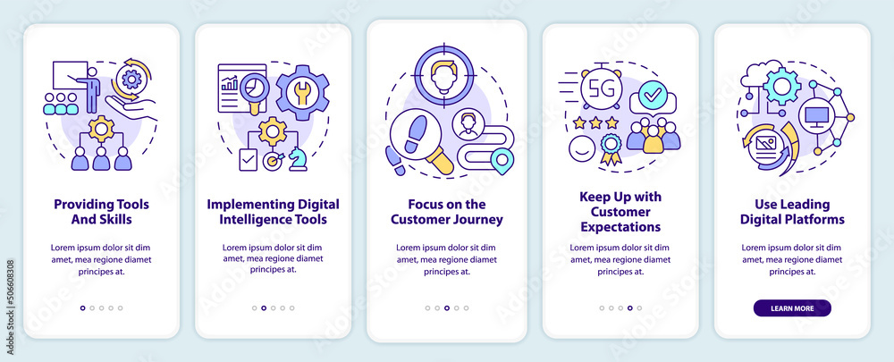 Digital first strategy onboarding mobile app screen. Electronic commerce walkthrough 5 steps graphic instructions pages with linear concepts. UI, UX, GUI template. Myriad Pro-Bold, Regular fonts used