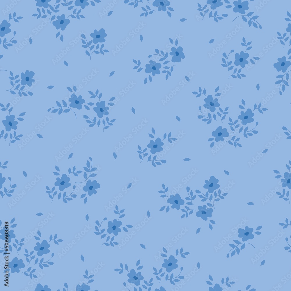 Simple vintage pattern. small blue  flowers and leaves. light blue   background. Fashionable print for textiles, wallpaper and packaging.