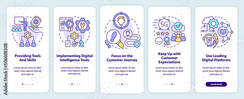 Digital first strategy onboarding mobile app screen. Electronic commerce walkthrough 5 steps graphic instructions pages with linear concepts. UI, UX, GUI template. Myriad Pro-Bold, Regular fonts used