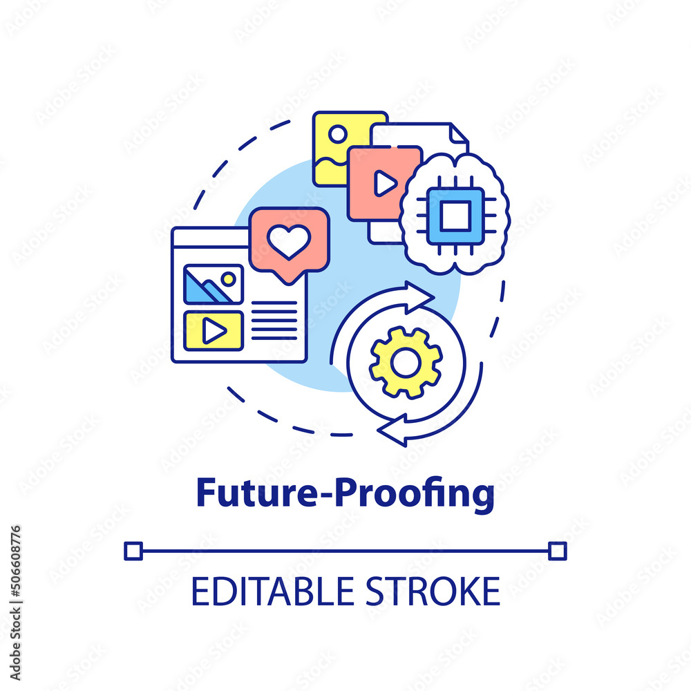 Future proofing concept icon. Improve service. Digital first mindset importance abstract idea thin line illustration. Isolated outline drawing. Editable stroke. Arial, Myriad Pro-Bold fonts used Future proofing concept icon. Improve service. Digital first mindset importance abstract idea thin line illustration. Isolated outline drawing. Editable stroke. Arial, Myriad Pro-Bold fonts used